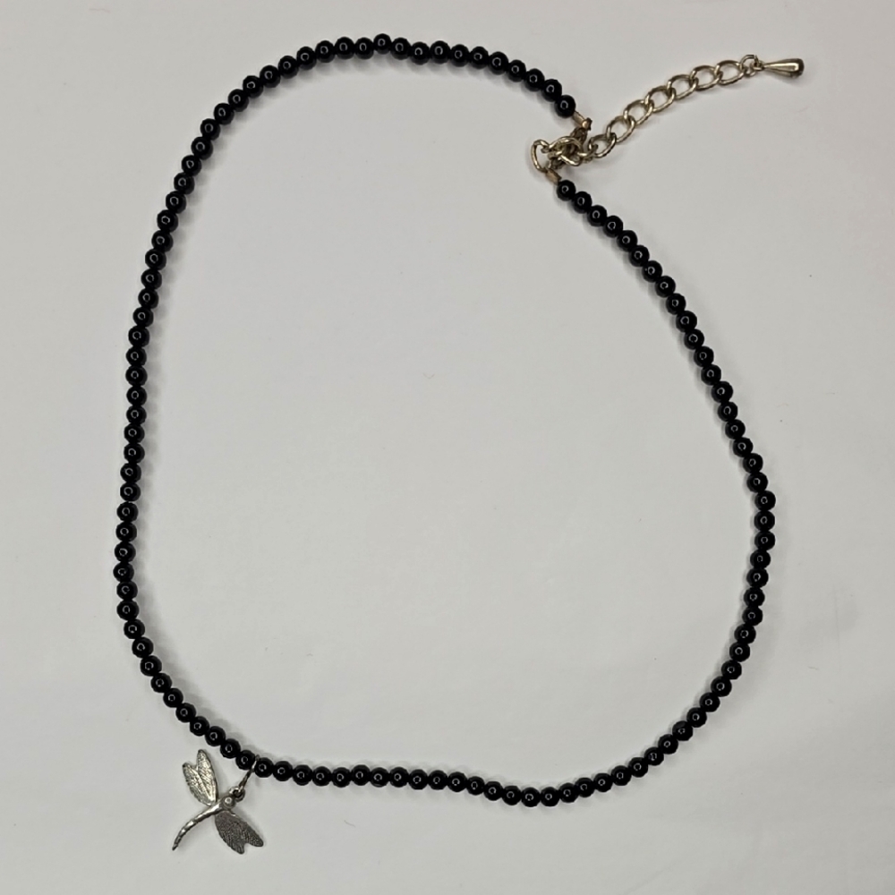 Black Beaded Necklace with Silver Dragonfly Charm